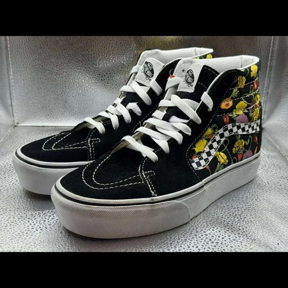 Size 6.5 -‎ Vans Sk8-Hi Platform Colorful Poppy Checkerboard Floral Skate Shoes